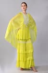 Shop_Keith Gomes_Yellow Georgette, Silk Organza Pearls, Yoke Embroidered Cape Tunic And Palazzo Set _Online_at_Aza_Fashions