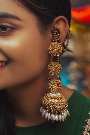Buy_Kanyaadhan By Dhirajaayushi_Gold Plated Beads Zari Embroidered Jhumkas _at_Aza_Fashions