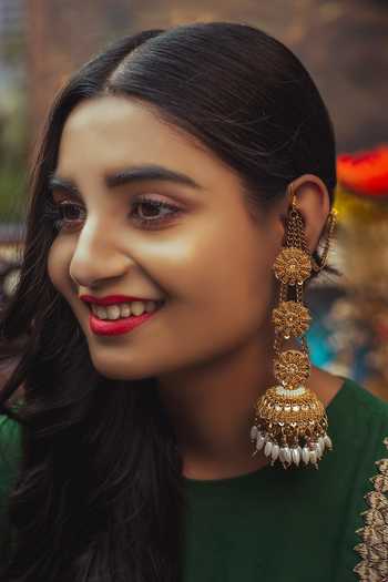Shop_Kanyaadhan By Dhirajaayushi_Gold Plated Beads Zari Embroidered Jhumkas _at_Aza_Fashions