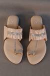Shop_Sana K luxurious Footwear_Beige Fringe, Crystals Stringy Embellished Kolhapuri Heels _at_Aza_Fashions
