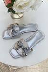 Shop_Sana K luxurious Footwear_Silver Swarovski Bow Embellished Sliders _at_Aza_Fashions
