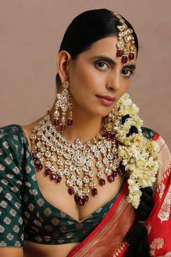 Swabhimann_Red Diamonds, Pearls Kundan Embellished Long Necklace Set _Online_at_Aza_Fashions