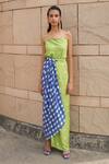 Buy_Aapro_Green Cotton Satin, Silk Embroidery Cowl Paloma Block Print Slit Dress With Wrap_at_Aza_Fashions