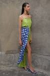 Aapro_Green Cotton Satin, Silk Embroidery Cowl Paloma Block Print Slit Dress With Wrap_Online_at_Aza_Fashions