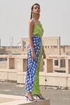 Shop_Aapro_Green Cotton Satin, Silk Embroidery Cowl Paloma Block Print Slit Dress With Wrap_Online_at_Aza_Fashions