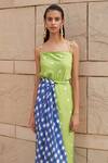 Aapro_Green Cotton Satin, Silk Embroidery Cowl Paloma Block Print Slit Dress With Wrap_at_Aza_Fashions