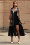 Aapro_Black Cotton Fringe V-neck Checkered Block Print Jacket _Online_at_Aza_Fashions