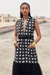 Buy_Aapro_Black Cotton Fringe V-neck Checkered Block Print Jacket _Online_at_Aza_Fashions
