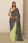 Buy_Aapro_Black Pure Habutai Block Printed Checkered Aurora Pre-draped Saree With Blouse _at_Aza_Fashions