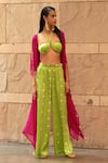 Buy_Aapro_Green Modal Satin Printed Bandhej Halter Eraya Pant Set With Magenta Kaftan _at_Aza_Fashions