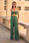 Buy_Aapro_Green Modal, Satin Embroidery Plunge Neck Flora Bandej Bustier Top And Pant Set _at_Aza_Fashions