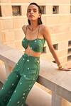 Aapro_Green Modal, Satin Embroidery Plunge Neck Flora Bandej Bustier Top And Pant Set _Online_at_Aza_Fashions