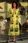Buy_Ekastories_Green Cotton V-neck Carbonic Mul Forest Print Dress_at_Aza_Fashions