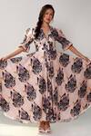 Buy_Ekastories_Beige Cotton Embroidery V-neck Floral And Parrot Print Dress _at_Aza_Fashions