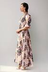 Ekastories_Beige Cotton Embroidery V-neck Floral And Parrot Print Dress _Online_at_Aza_Fashions