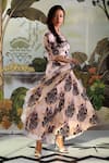 Shop_Ekastories_Beige Cotton Embroidery V-neck Floral And Parrot Print Dress _Online_at_Aza_Fashions