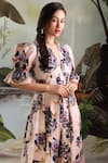 Ekastories_Beige Cotton Embroidery V-neck Floral And Parrot Print Dress _at_Aza_Fashions
