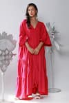 Buy_Ekastories_Pink 100% Cotton Plain V Neck Tiered Maxi Dress _at_Aza_Fashions