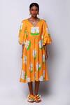 Ekastories Orange Cotton V-neck Hawaiian Flower Print Dress Online at Aza Fashions Ekastories_Orange Cotton V-neck Hawaiian Flower Print Dress_Online_at_Aza_Fashions