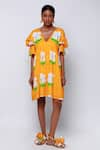 Buy_Ekastories_Orange 100% Mul Cotton Printed Flower V Neck Hawaiian Floral Dress _at_Aza_Fashions