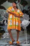 Shop_Ekastories_Orange 100% Mul Cotton Printed Flower V Neck Hawaiian Floral Dress _Online_at_Aza_Fashions