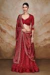 Buy_Label Varsha_Red Viscose Linen Satin Hand Embroidered And Printed Bandhani & Lehenga Set _at_Aza_Fashions