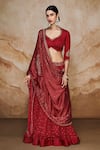 Label Varsha_Red Viscose Linen Satin Hand Embroidered And Printed Bandhani & Lehenga Set _Online_at_Aza_Fashions