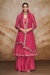 Shop Label Varsha Pink Cotton, Silk, Viscose, Organza Bandhani Print Anarkali Sharara Set at Aza Fashions Shop_Label Varsha_Pink Cotton, Silk, Viscose, Organza Bandhani Print Anarkali Sharara Set_at_Aza_Fashions