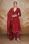 Buy_Label Varsha_Red Hand Embroidered And Printed Sequin High Slit Anarkali Set With Velvet Dupatta _at_Aza_Fashions