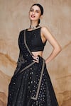 Label Varsha_Black Lehenga Cotton Silk Hand Embroidered Thread Bandhani Print Layered Set _Online_at_Aza_Fashions