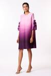 Buy_Scarlet Sage_Purple Polyester Ruffles Round Neck Soliel Bishop Sleeve Pleated A-line Dress_at_Aza_Fashions
