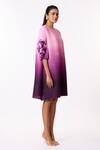 Shop_Scarlet Sage_Purple Polyester Ruffles Round Neck Soliel Bishop Sleeve Pleated A-line Dress_Online_at_Aza_Fashions