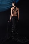 Shop_Roqa_Black Lycra Hand Embroidered Sequins V Blouse And Pre-stitched Skirt Saree Set _at_Aza_Fashions