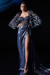 Buy_Roqa_Blue Lycra Embroidered Sequins Sweetheart Neck Gown With Cape _at_Aza_Fashions