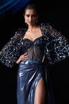 Roqa_Blue Lycra Embroidered Sequins Sweetheart Neck Gown With Cape _at_Aza_Fashions