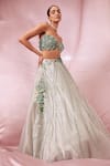 Buy_Roqa_Green Organza Hand Embroidered Sequins Sweetheart Neck Cape Lehenga Set _Online_at_Aza_Fashions