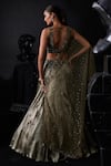 Shop_Roqa_Gold Organza Hand Embroidered Cut Dana Leaf Neck Floral Sequin Lehenga Set _at_Aza_Fashions