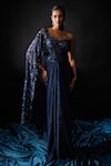 Buy_Roqa_Blue Lycra Hand Embroidered Cut Dana Sweetheart Neck Yoke Pleated Draped Gown _at_Aza_Fashions