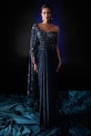 Roqa_Blue Lycra Hand Embroidered Cut Dana Sweetheart Neck Yoke Pleated Draped Gown _Online_at_Aza_Fashions