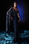 Buy_Roqa_Blue Lycra Hand Embroidered Cut Dana Sweetheart Neck Yoke Pleated Draped Gown _Online_at_Aza_Fashions