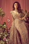 Amit GT_Peach Tulle Embroidered Floral Pattern Plunge V Neck Trail Gown _Online_at_Aza_Fashions