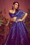 Shop_Amit Aggarwal_Blue Striper Net Woven V Neck Metallic Structured Lehenga Set _at_Aza_Fashions