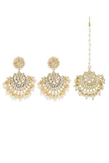Shop_Ishhaara_Gold Plated Pearls, Diamonds Kundan Chandbalis And Maangtikka Set _at_Aza_Fashions