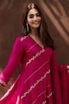 Deep Thee_Pink Organza Embroidered Thread Work V Neck Angrakha Kurta With Dupatta _at_Aza_Fashions