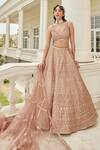 Shop Swati Narula Peach Dupatta Net, Lehenga And Blouse Organza Nasrin Embroidered Bridal Set Online at Aza Fashions Shop_Swati Narula_Peach Dupatta Net, Lehenga And Blouse Organza Nasrin Embroidered Bridal Set _Online_at_Aza_Fashions