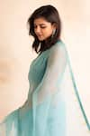 Buy_Deep Thee_Blue Organza Embroidery Dot Stripe V Neck Saree With Blouse 