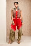 Buy_Aditi Somani_Red Modal Satin Embroidery Zari Jumpsuit V Neck Shaded Dhoti With Jacket_at_Aza_Fashions