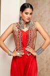 Aditi Somani_Red Modal Satin Embroidery Zari Jumpsuit V Neck Shaded Dhoti With Jacket_Online_at_Aza_Fashions