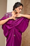 Aditi Somani_Purple Silk Embroidered Thread V Neck Kaftan_Online_at_Aza_Fashions