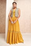 Buy_Aditi Somani_Yellow Modal Satin Embroidered Thread Jacket Bandhani Pattern Tiered Jumpsuit _at_Aza_Fashions